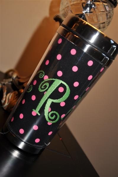Personalized Embroidered Coffee Mug Travel Beverage Tumbler Stainless Steel BLACK with HOT PINK polka dots