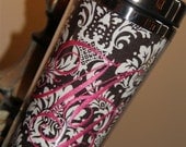 Personalized Embroidered Coffee Mug Travel Beverage Tumbler Stainless Steel BROWN DAMASK