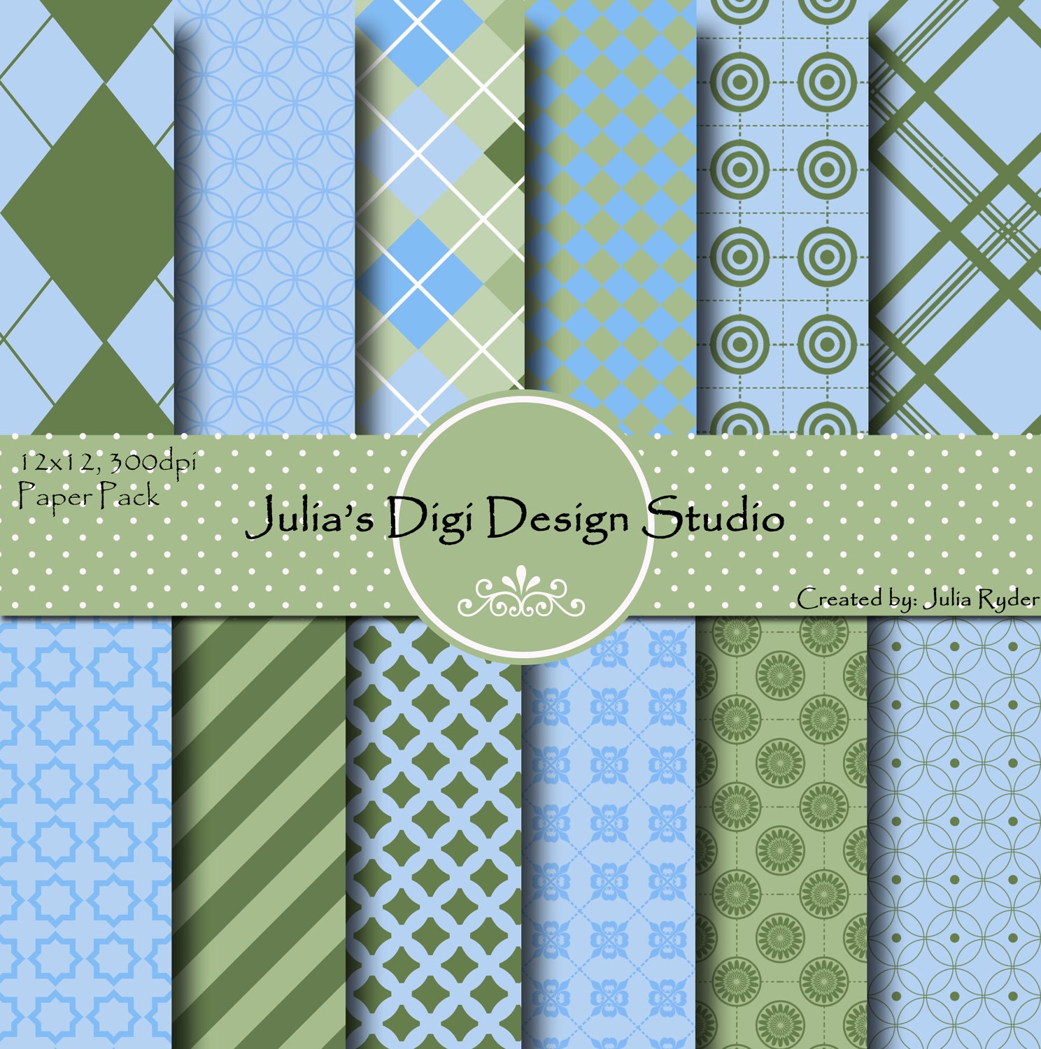 Olive and Light Blue Digital Paper Pack - 12 digital papers - 12x12 300DPI