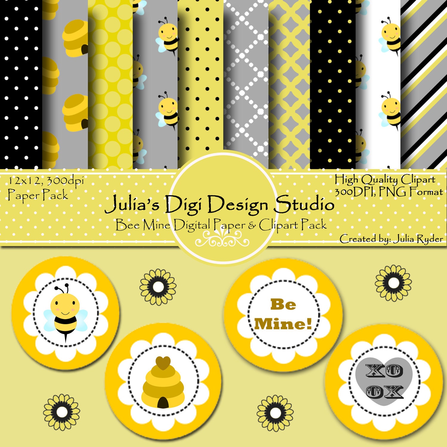 Bee Mine Digital Paper and Clipart Pack - 10 Digital Papers, 4 Cupcake Toppers.