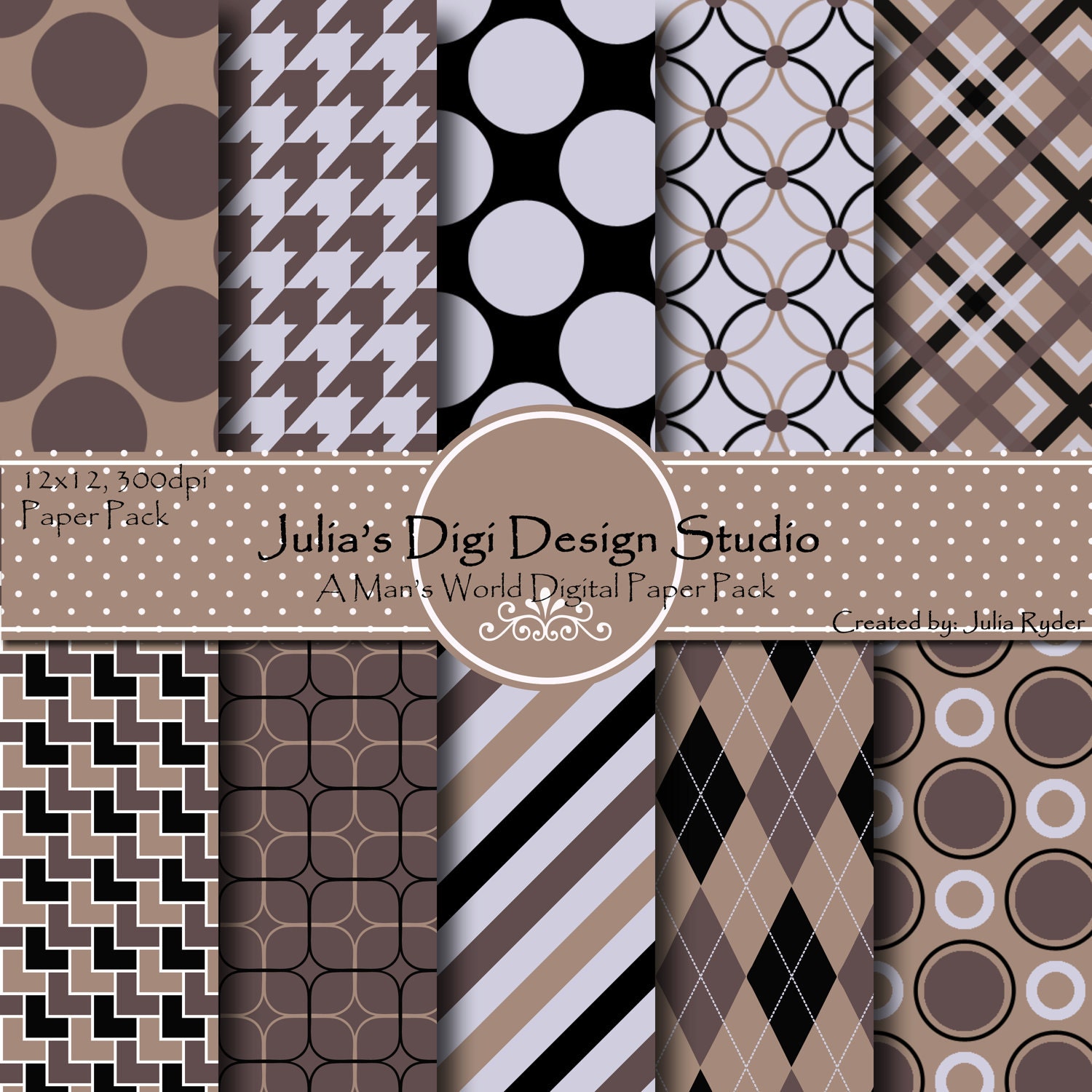 Digital Paper Pack - a Mans World Collection - 10 Digital Papers - 12x12 300DPI