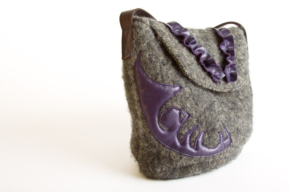 Priced to clear - Appliqued - re-claimed felted wool and and leather messenger