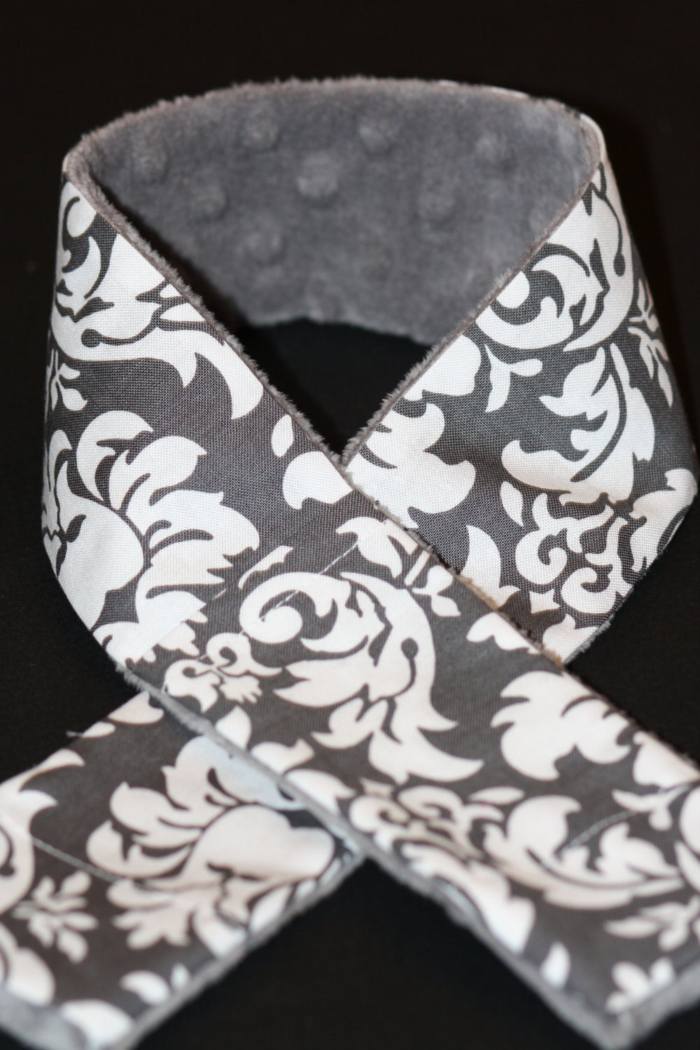 Camera Strap Slipcover Slip Cover Michael Miller Grey and White Damask with Grey Minky  Free Lens Cap Pocket
