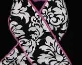 Camera Strap Slipcover Black and White Damask with Orchid Purple Minky slip cover Free Lens Cap Pocket