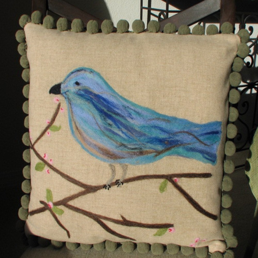 Blue Bird of Happiness Wool Needlefelt Pillow -- eco friendly, cushion, organic linen, nature