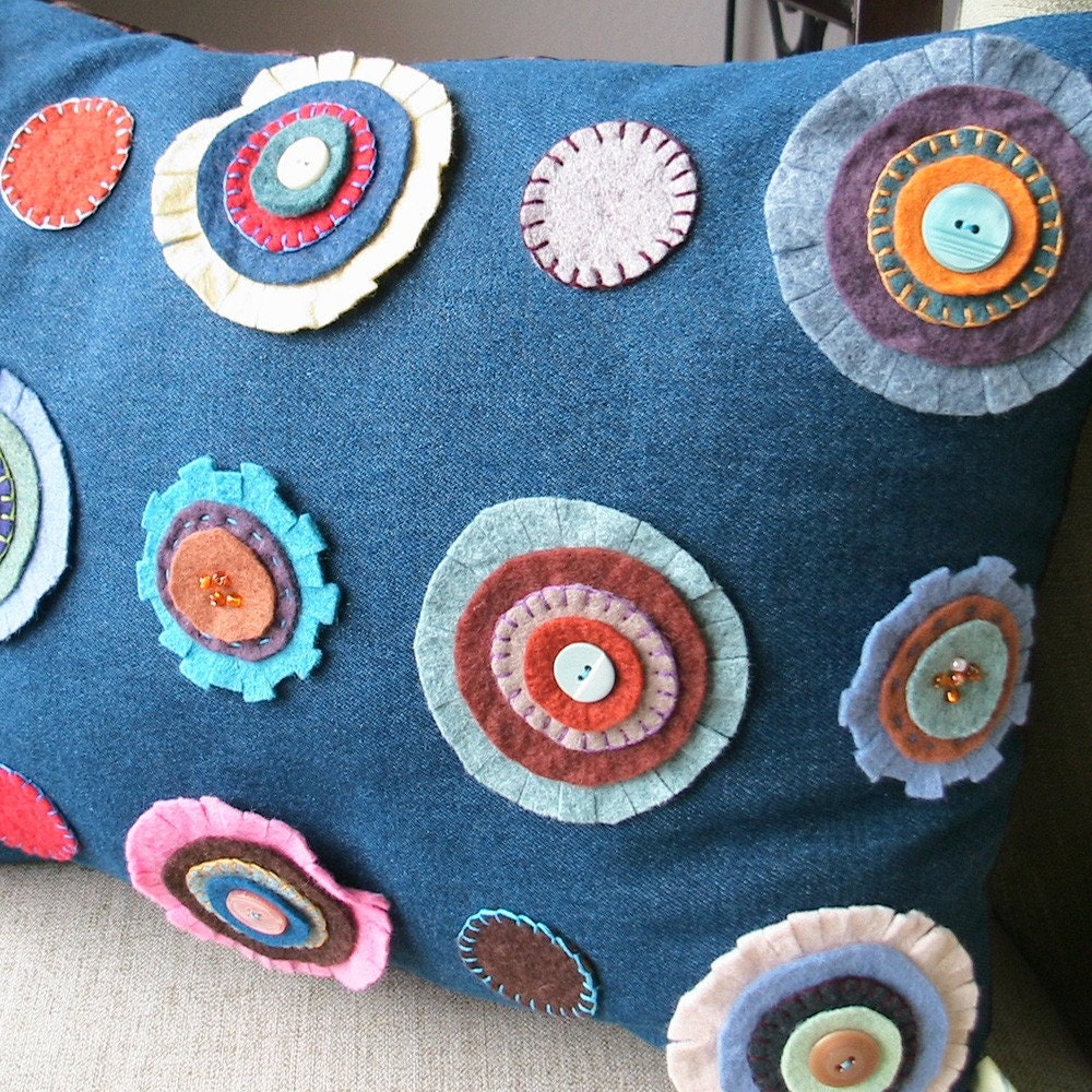 Decorative Pillow- Wool Flowers on Blue Denim, shabby chic, cushion, throw pillow, embroidery
