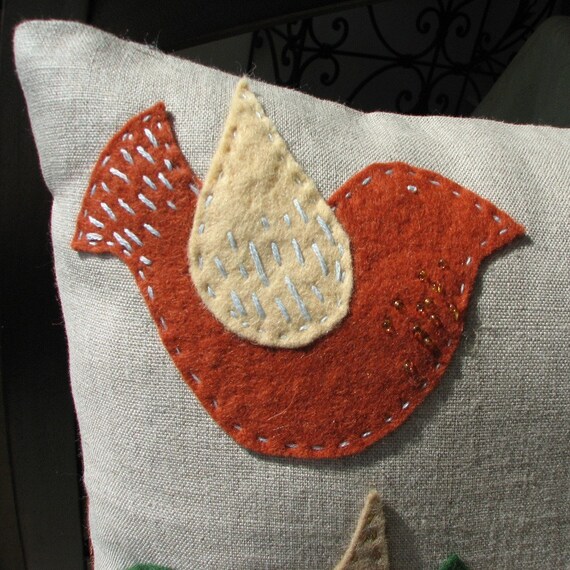 Handmade Pillow - Freckled Bird Folk Art, cushion, accent pillow, home decor, bird pillow