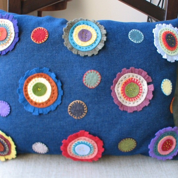Handmade Wool Felt Flowers on Denim -- Charming Folk Art Pillow, cushion, accent pillow, embroidery, beads, shabby chic