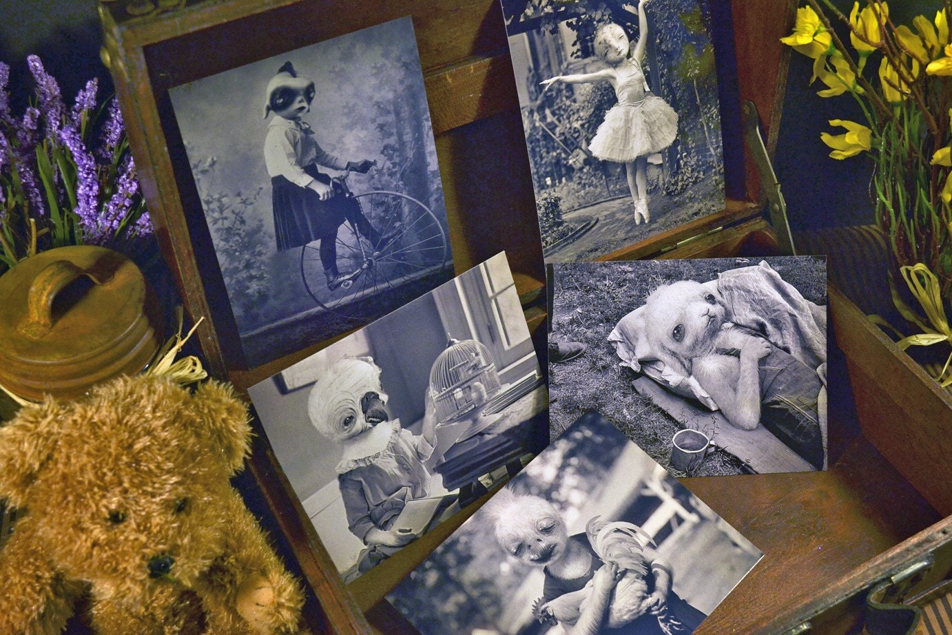 Set of 5 original Postcards - Mini Print Set birds rabbit creatures fantasy old portraits dolls