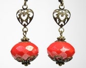 Vintage Style Earrings, Coral Rondelles, Czech Glass, Filigree Hearts, Romantic Jewelry, Victorian Style, Antiqued Brass, Womens Accessories