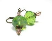 Czech Glass Vintage Style Dangle Earrings, Light Green, Pink, Victorian Style, Antiqued Brass, Chartreuse, Tender Shoots, For Her