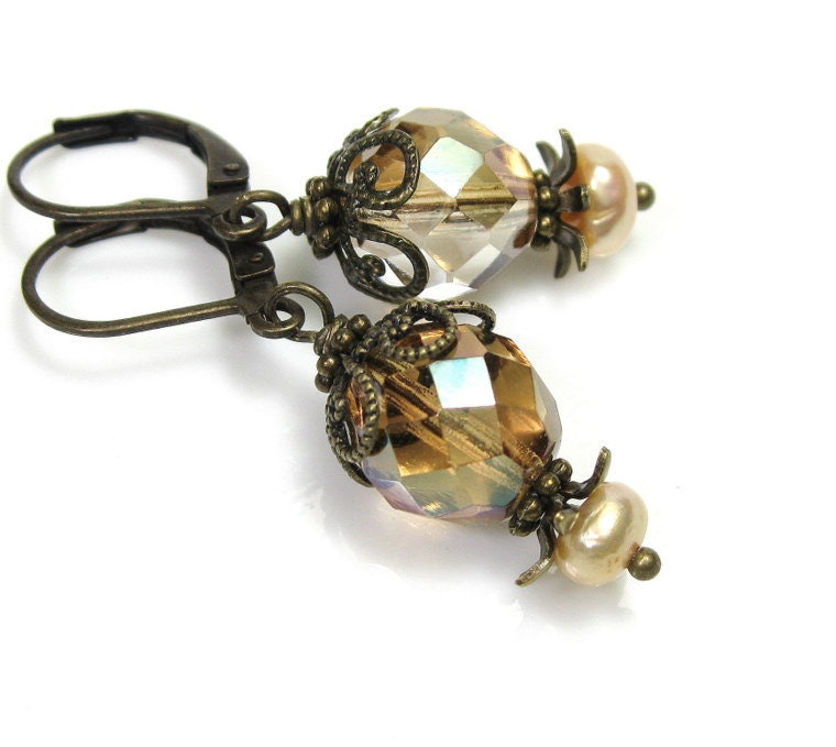 Czech, Freshwater Pearl, Vintage Style Earrings