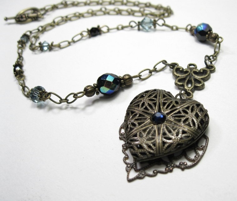 Vintage Style Sapphire and Brass Locket Necklace