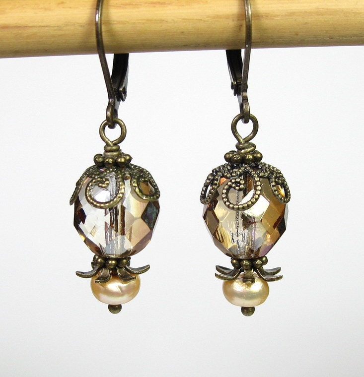Czech, Freshwater Pearl, Vintage Style Earrings