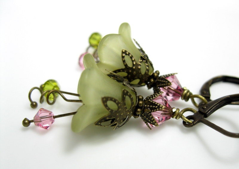 Pink and Green Dangle Earrings, Lucite Flowers, Swarovski Crystal Jewelry, Antique Brass Earrings, Vintage Style Jewelry
