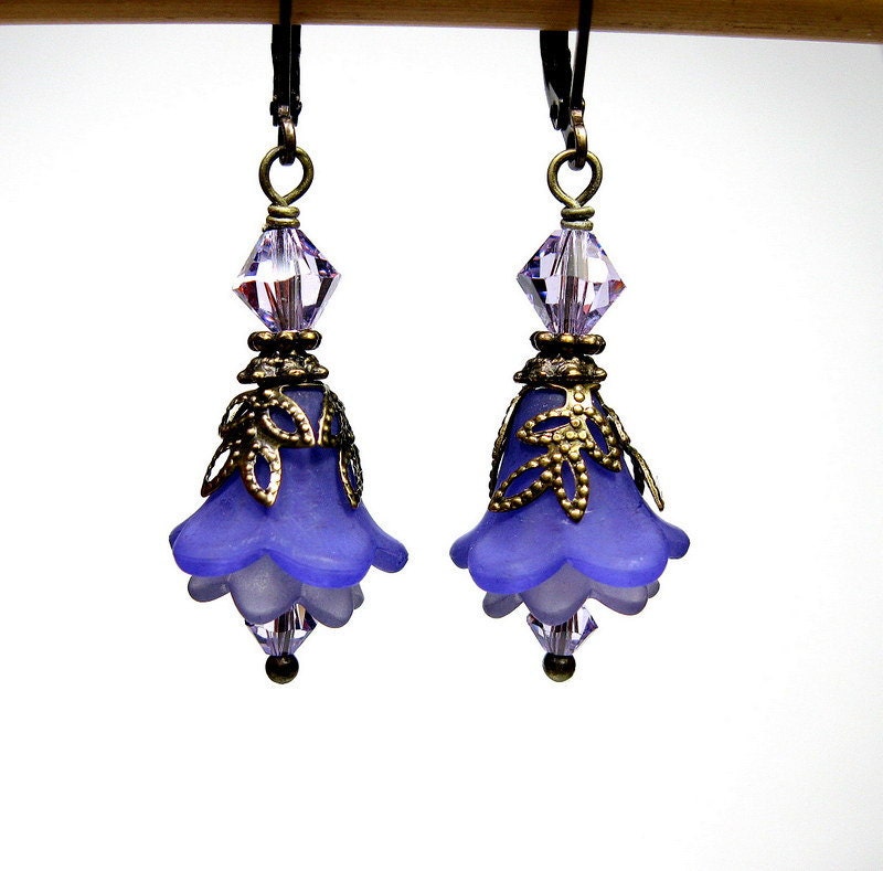 Purple Flower Dangle Earrings, Vintage Style Lucite Earrings, Swarovski Jewelry, Violet Lavender Bell Flowers, Antiqued Brass, For Her