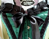 Striped Overbust Corset Green Black Ribbon Trim Swarovski Crystal