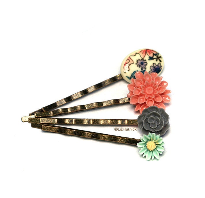 Floral Bobby Pins. Coral. Mint. Gray. Flower Print on Ivory. Hair Accessories
