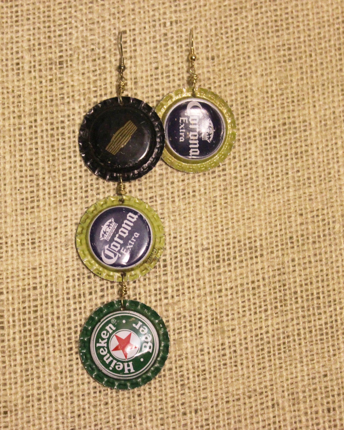 Corona & Heineken Asymmetrical Beer Cap Earrings