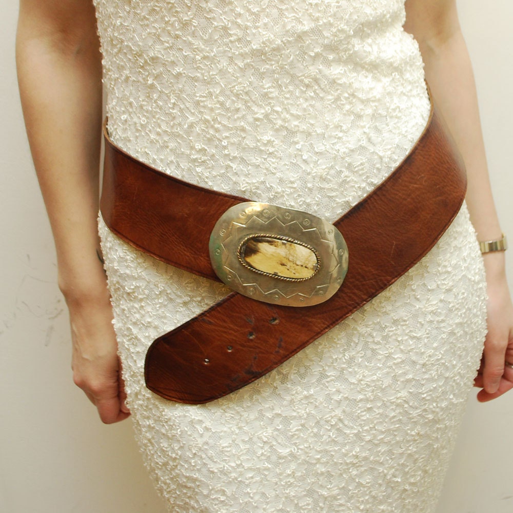 70s hippie wide LEATHER belt. metal and bone buckle