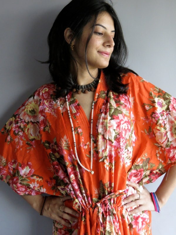 Orange Roses kaftan - Perfect long dress, beachwear, spa robe, make great Christmas, Valentine Day, Anniversary or Birthday gifts