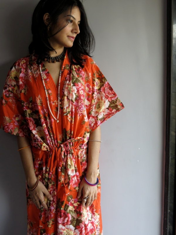 Orange Roses kaftan - Perfect long dress, beachwear, spa robe, make great Christmas, Valentine Day, Anniversary or Birthday gifts