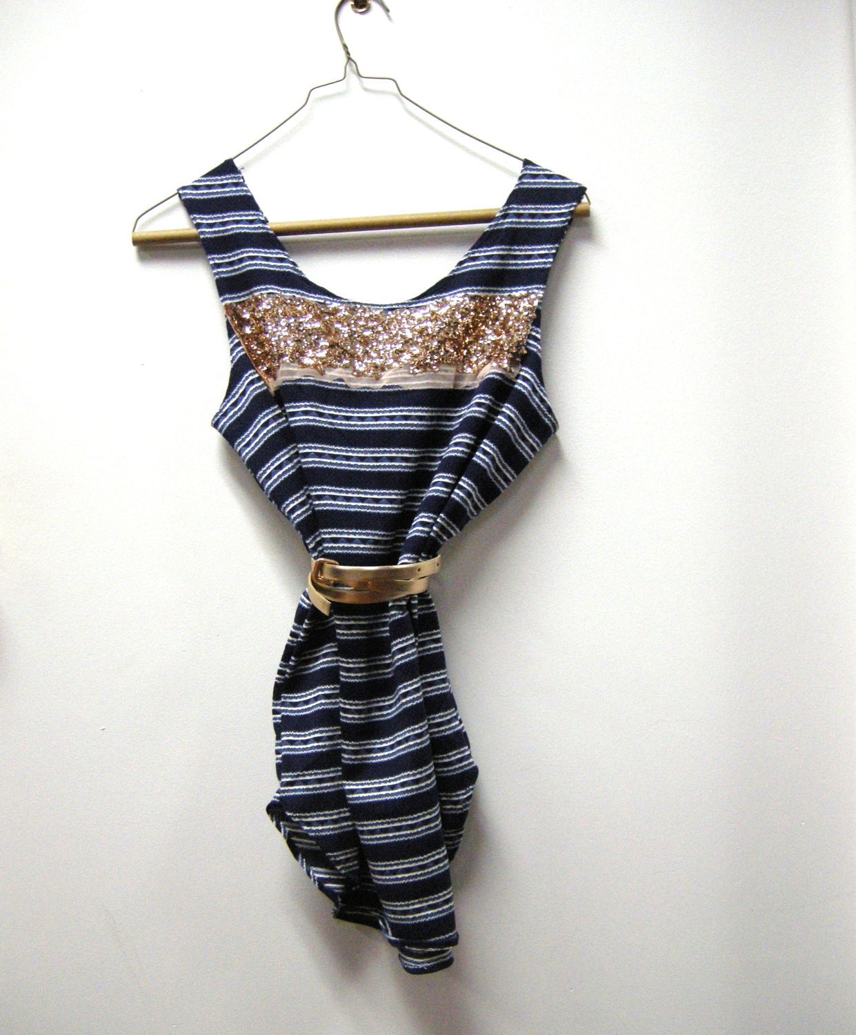 Womens Summer Tank Navy Urban Print with Sequin Stripe Size Medium by E W McCall