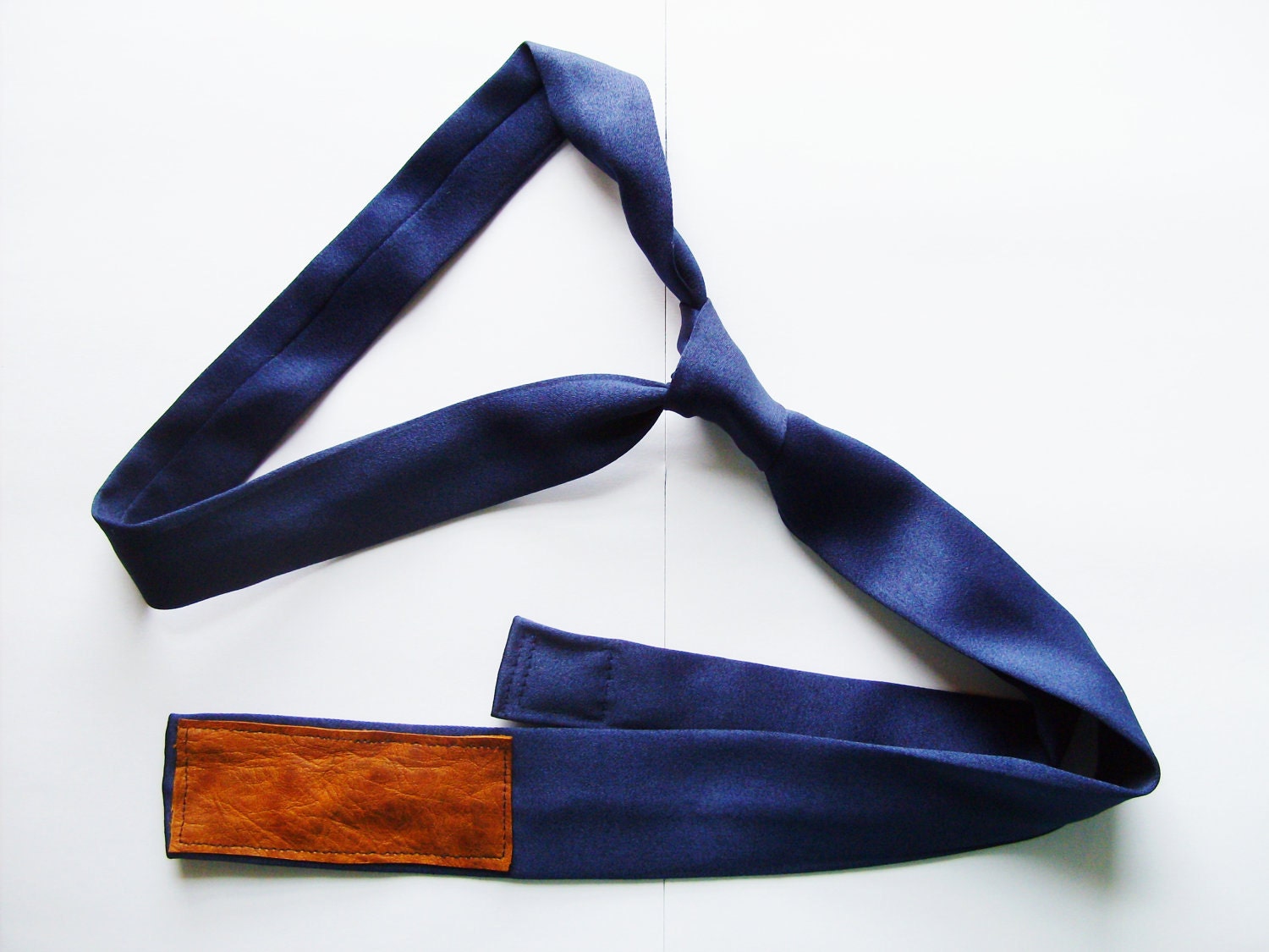 Colorblocked Cotton Skinny Tie Navy Blue with Leather Patch from the Paul McCall Line for Men