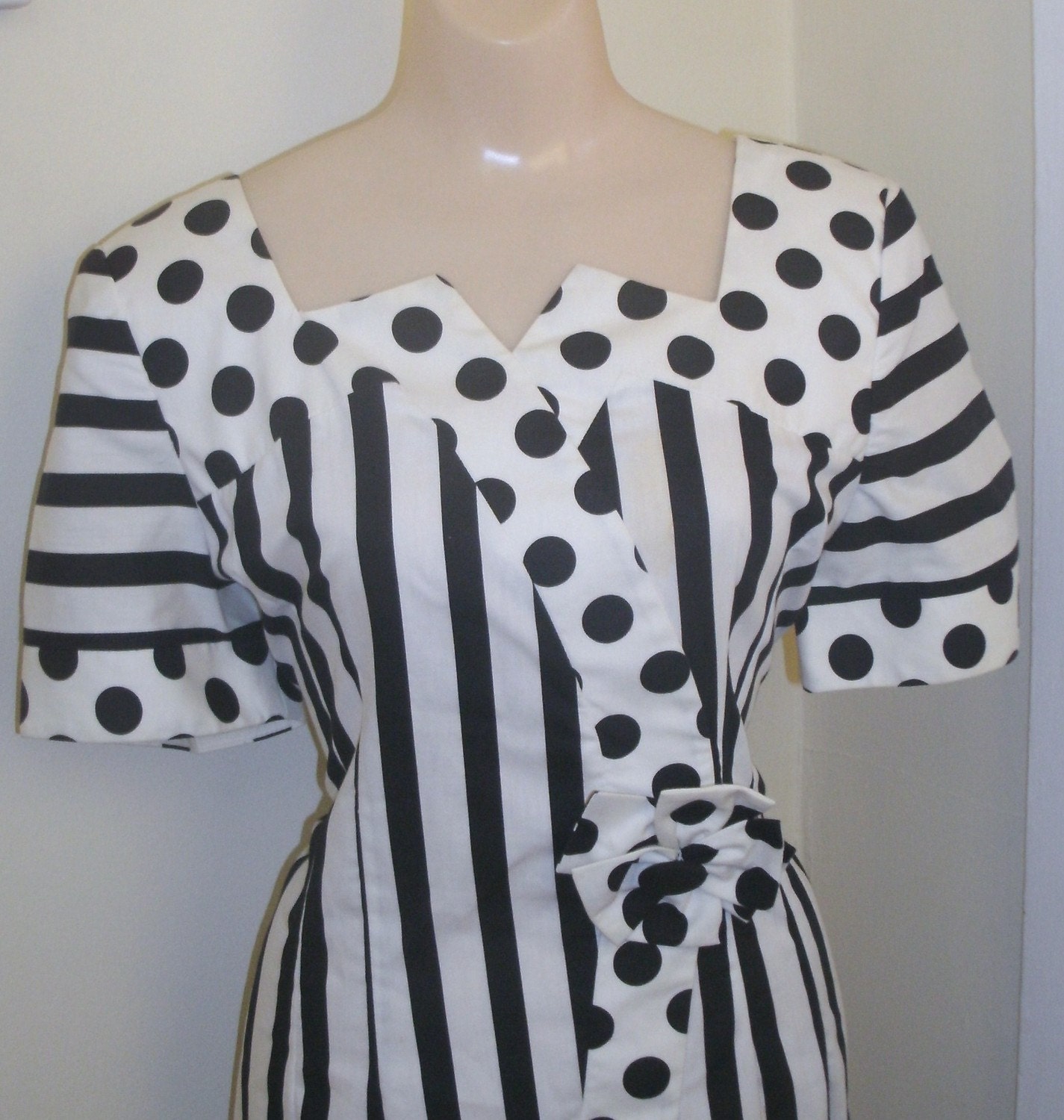 Vintage Cotton Polka Dots Stripes Dress S 4 6 Structured 80s Office Secretary