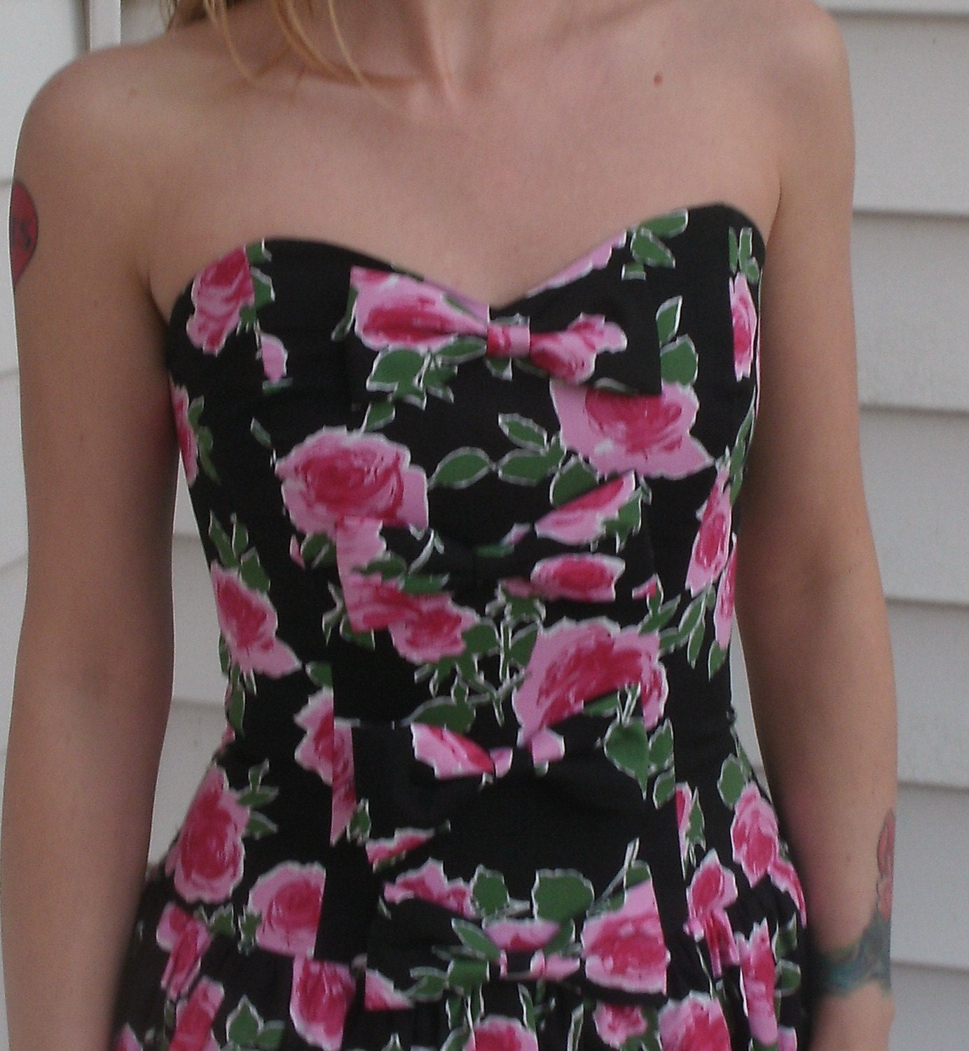 Res for KAY /// Vintage 1950s Style Pink Roses Boned Corset Party Dress XS S 0 2 4