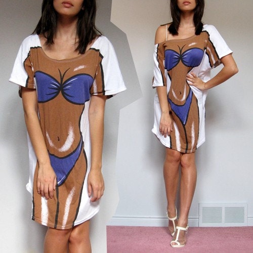 Vintage 80s Bikini Oversized Beach T-shirt Cover Up Mini