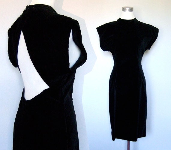 Vintage 80s Dress Cutout Velvet Black Open Back S/ M
