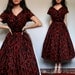 60s Day Dress Vintage Tea Length Dress Black Red Floral Full Circle Skirt Party Dress  - Medium. Large. M/ L