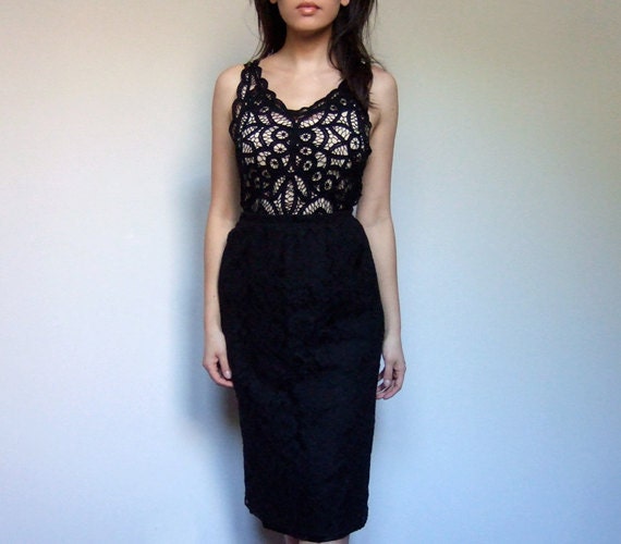 Black Lace Skirt Knee Length Pencil Skirt Classic Vintage 80s - Medium M