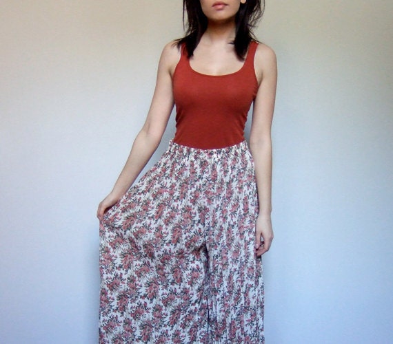 Sheer Palazzo Pants Vintage Floral Print Pants Womens Wide Leg Pants Boho - Small Medium S/ M