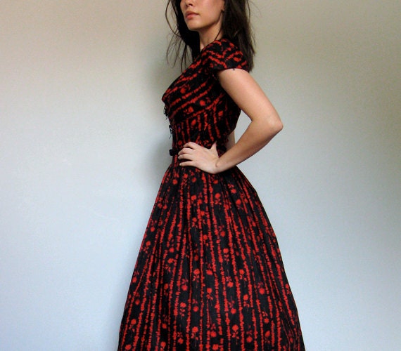 60s Day Dress Vintage Tea Length Dress Black Red Floral Full Circle Skirt Party Dress - Medium. Large. M/ L