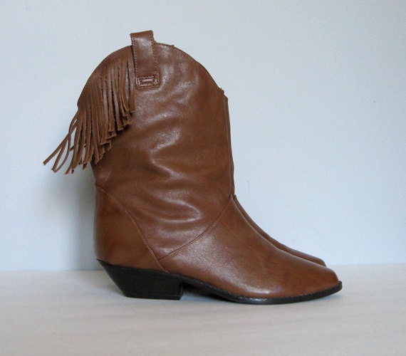 Size 7.5 Cognac Leather Boots Fringe Vintage Western Cowboy Boots