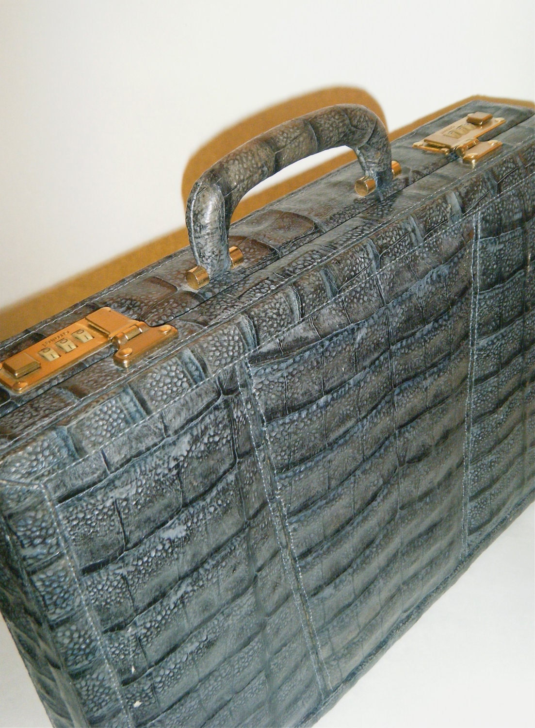 Genuine Crocodile Attache Briefcase Natural Croc Exotic Leather Made in Spain Swiss Locks 1980's