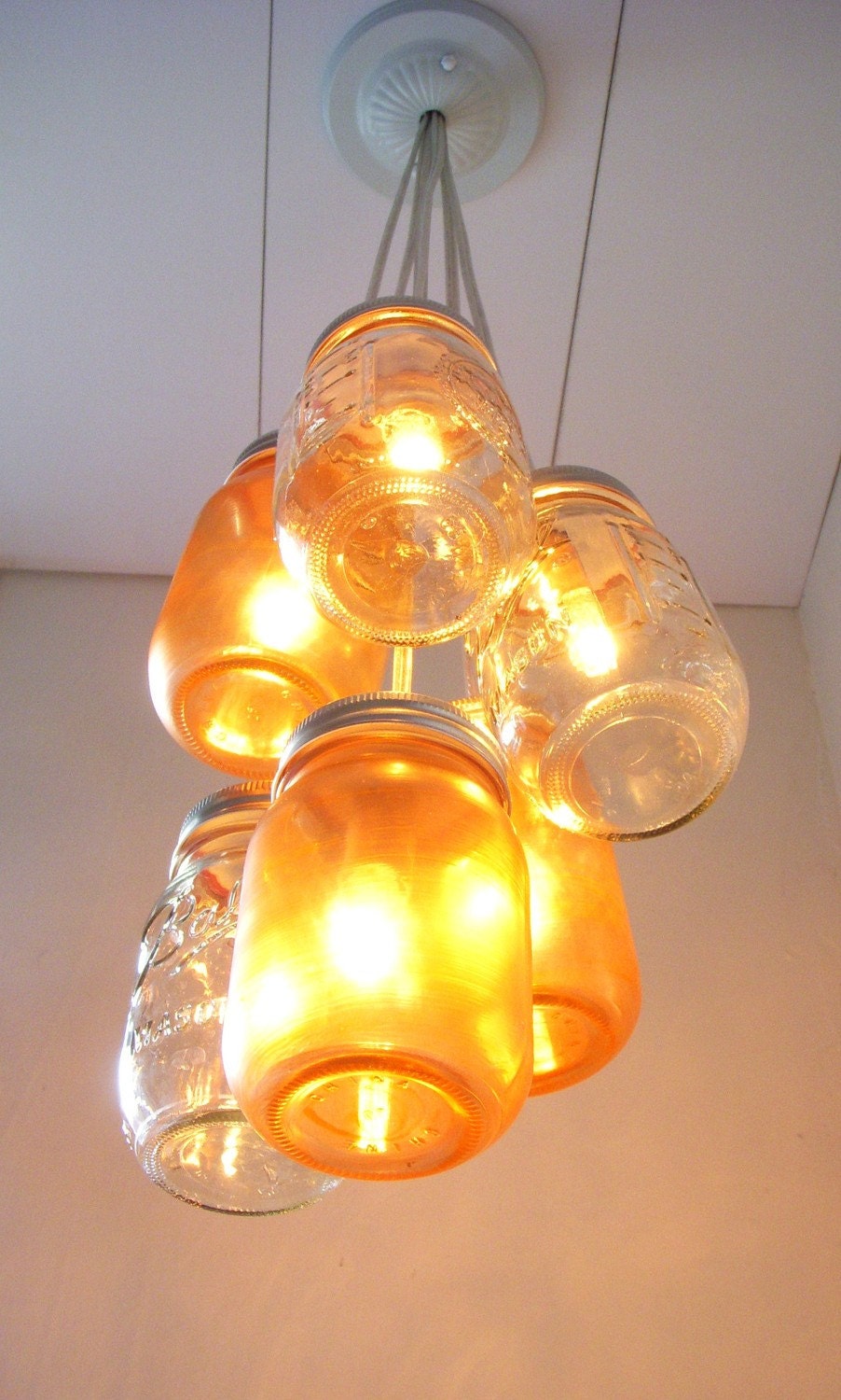 Mason Jar Chandelier - Mason Jar Lighting - Amber Sunset Clear and Tangerine - Handcrafted UpCycled BootsNGus Hanging Pendant Light Fixture