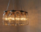 WAGON WHEEL Mason Jar Chandelier - Quart Sized Ball Mason Jar Swag Lighting Fixture - Upcycled Rustic Eco Friendly BootsNGus Lamp Design
