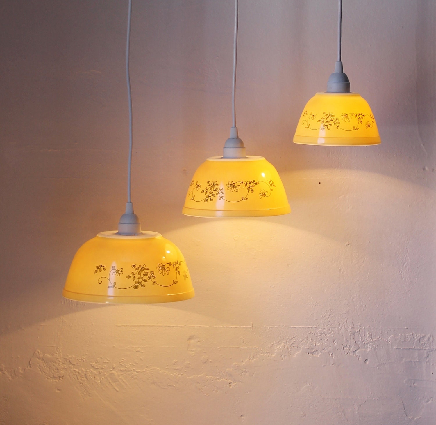 Shenandoah Yellow - Buttercream and Floral Filigree Pattern PYREX Hanging Pendant Lights - OOAK UpCycled BootsNGus Lighting Fixtures