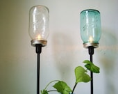 Set of 2 Sapphire Blue and Clear Mason Jar Table Top Lamps - Rustic Industrial Lighting Fixtures - Upcycled BootsNGus Light Design