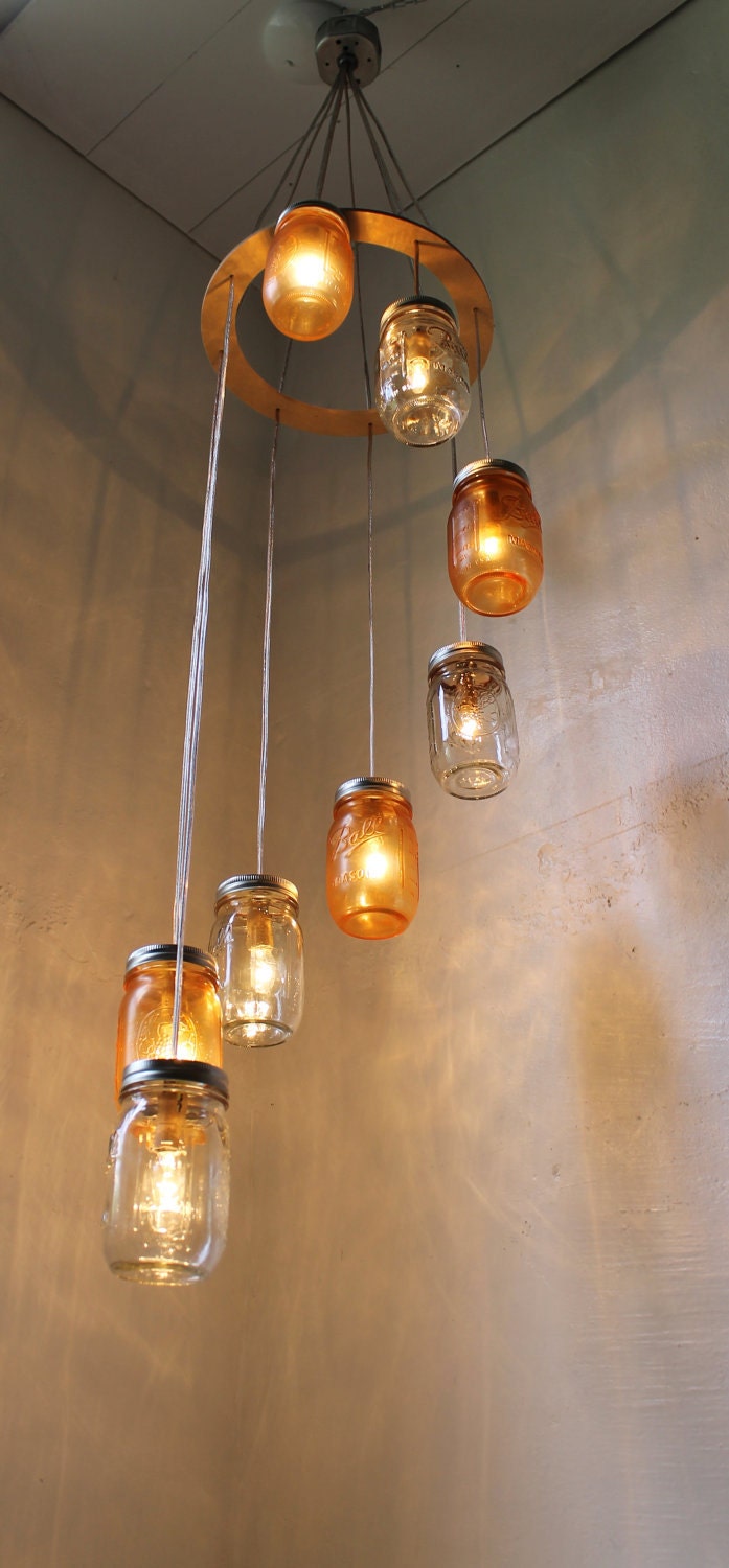 Tangerine Dream Waterfall Mason Jar Chandelier - Hanging Spiral Lighting Fixture - Upcycled Mason Jar Pendant Lamp - BootsNGus Chandeliers