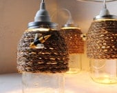 The Hive - Quart Size Mason Jar Pendant Light - UpCycled Handcrafted BootsNGus Lighting Fixture Wrapped in Rope Design