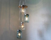 Ocean Breeze - Mason Jar Chandelier - Spiral Cascading Waterfall Hanging Mason Jar Lighting Fixture - Upcycled BootsNGus Lamp Design