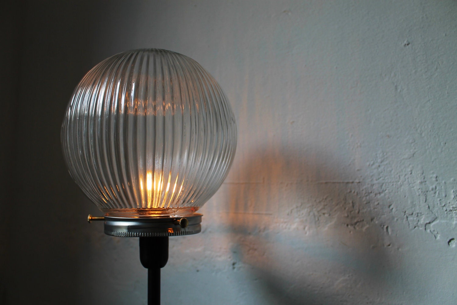 Summer Nights Street Lights - Crystal Clear Textured Holophane Glass Globe Table Top Lamp - UpCycled Light Fixture -  BootsNGus Lamps