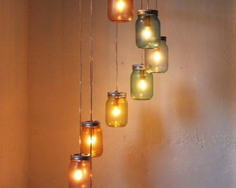 Rainbow Bright Mason Jar Chandelier - Mason Jar Lighting - Spiral Swag Lamp - Handcrafted Upcycled BootsNGus Hanging Pendant Light Fixture