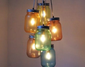 Over The Rainbow Mason Jar Chandelier - Modern Industrial Swag - Handcrafted UpCycled BootsNGus Hanging Pendant Lighting Fixture