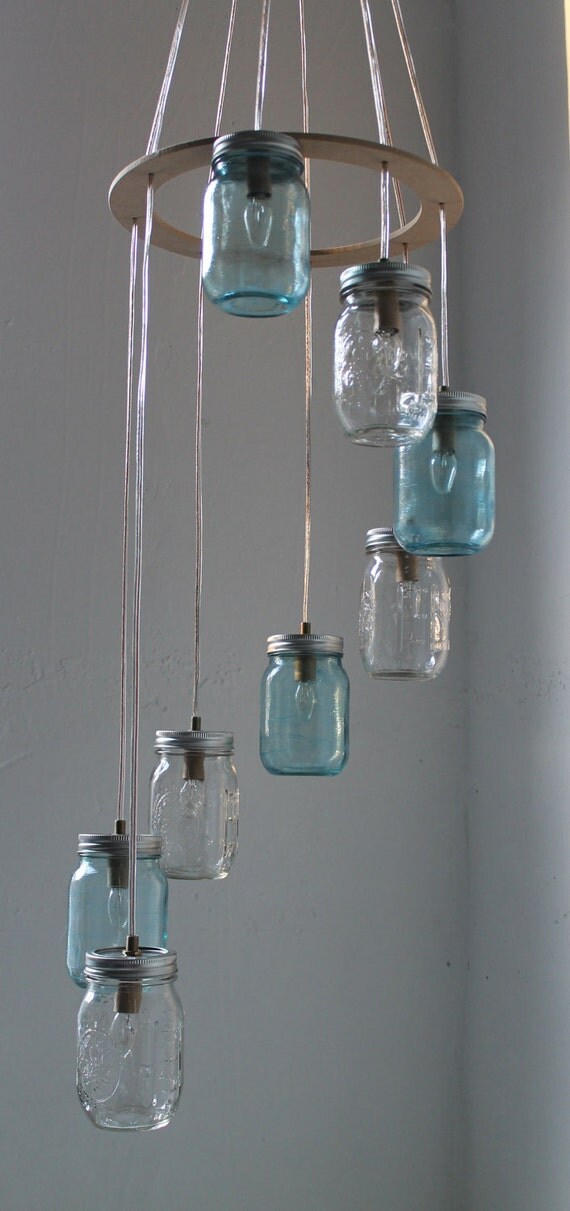 Waterfall Spiral Mason Jar Chandelier - Swag Lamp Handcrafted Upcycled Eco Friendly BootsNGus Hanging Pendant Fixture