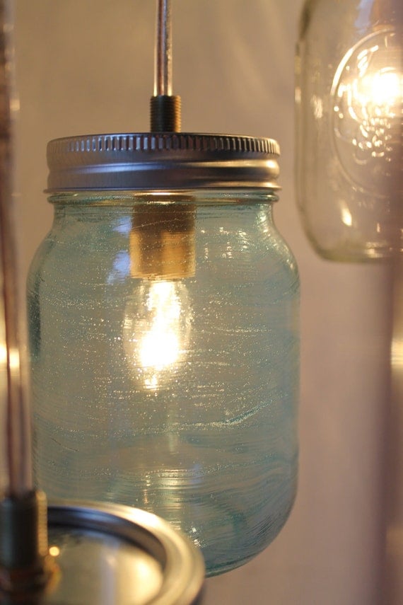 Waterfall Spiral Mason Jar Chandelier - Swag Lamp Handcrafted Upcycled Eco Friendly BootsNGus Hanging Pendant Fixture